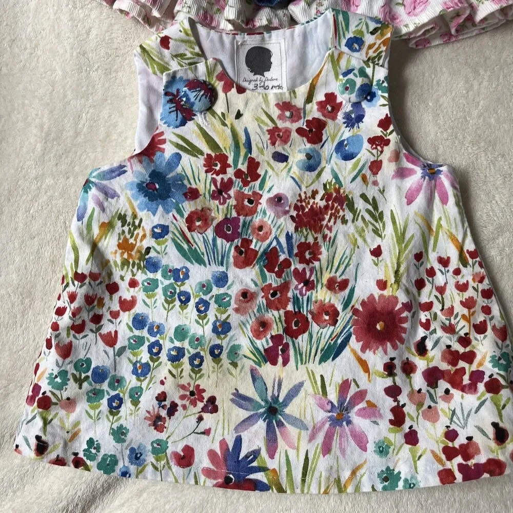 Lot of 2 Baby Girl Size 3-6 Months Sleeveless Jumper Dresses Lined Denim Floral